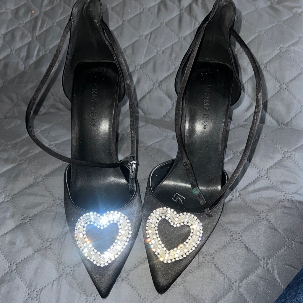 Primark Black Pointed Ankle-Strap Heels With Crystal Heart Embellishments